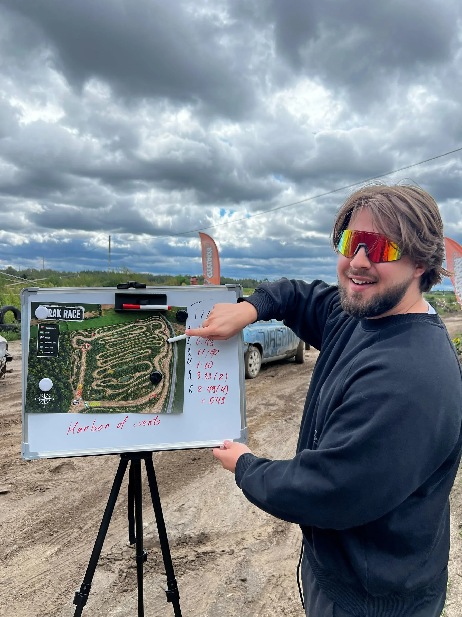 Participant in sports sunglasses pointing at a Wrak Race track map and a list of lap times on a whiteboard signed Harbor of Events